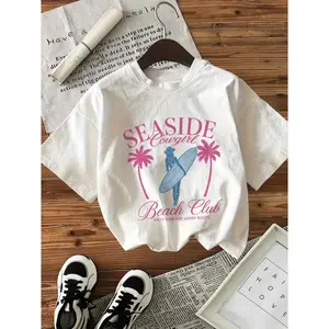 Womens Cotton Graphic Tee Seaside Beach Club Surf Palm Tree Print Short Sleeve Summer Vacation Shirt Casual Streetwear Cute Trendy Soft Crewneck Top