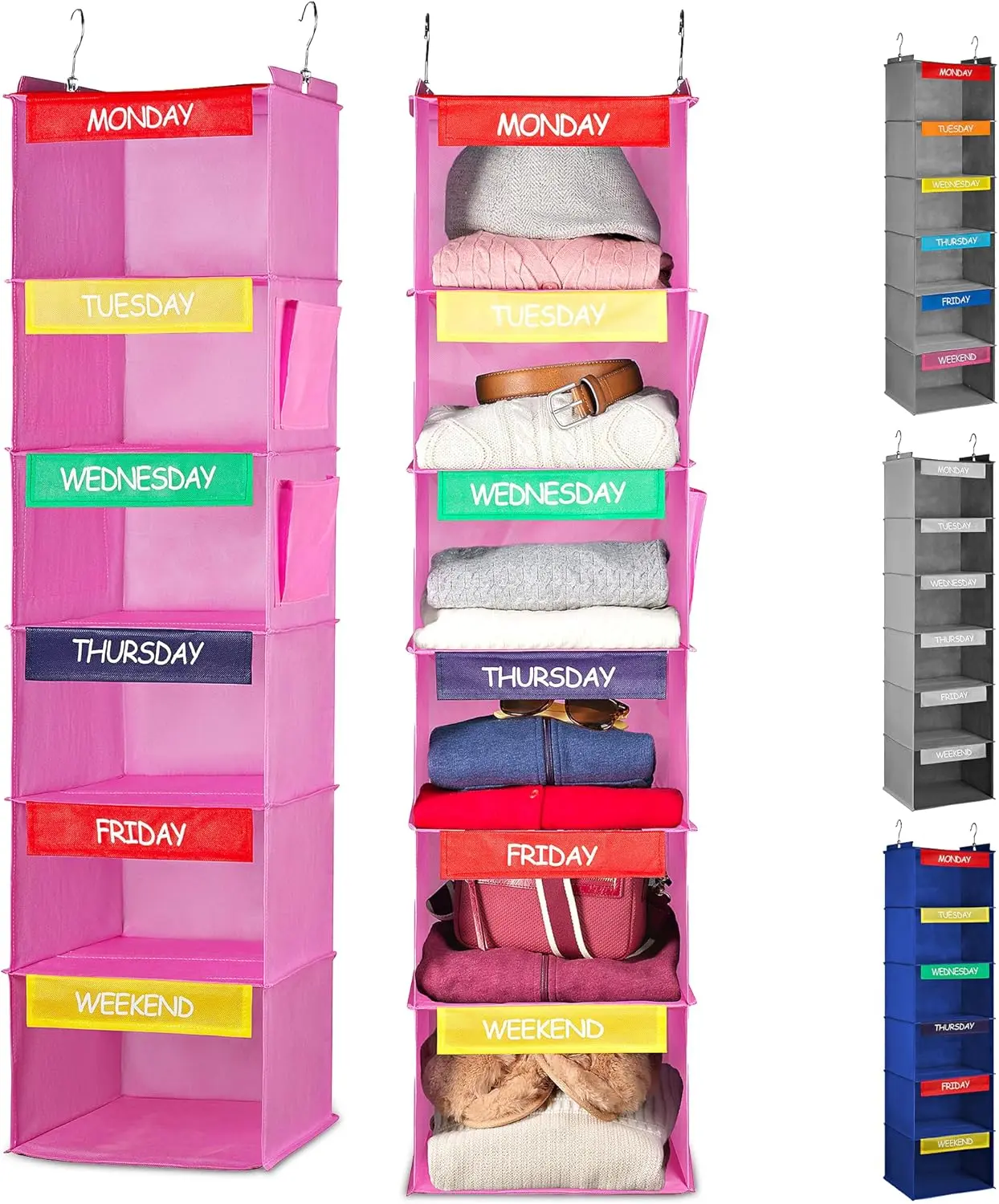 Hangable Pink Hanging Clothes Organizer - 6-Shelf Home Closet Storage, Labeled with Monday-Friday Weekday & Weekend Sections for Daily Clothing Organization