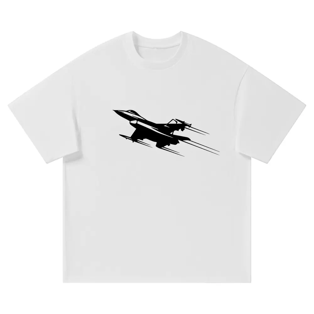 Heavyweight Cotton Jet Fighter Graphic T-Shirt, Oversized Air Force Jet Military Art Tee, Premium Thick White Cotton Drop Shoulder Summer Tops Casual Shirt