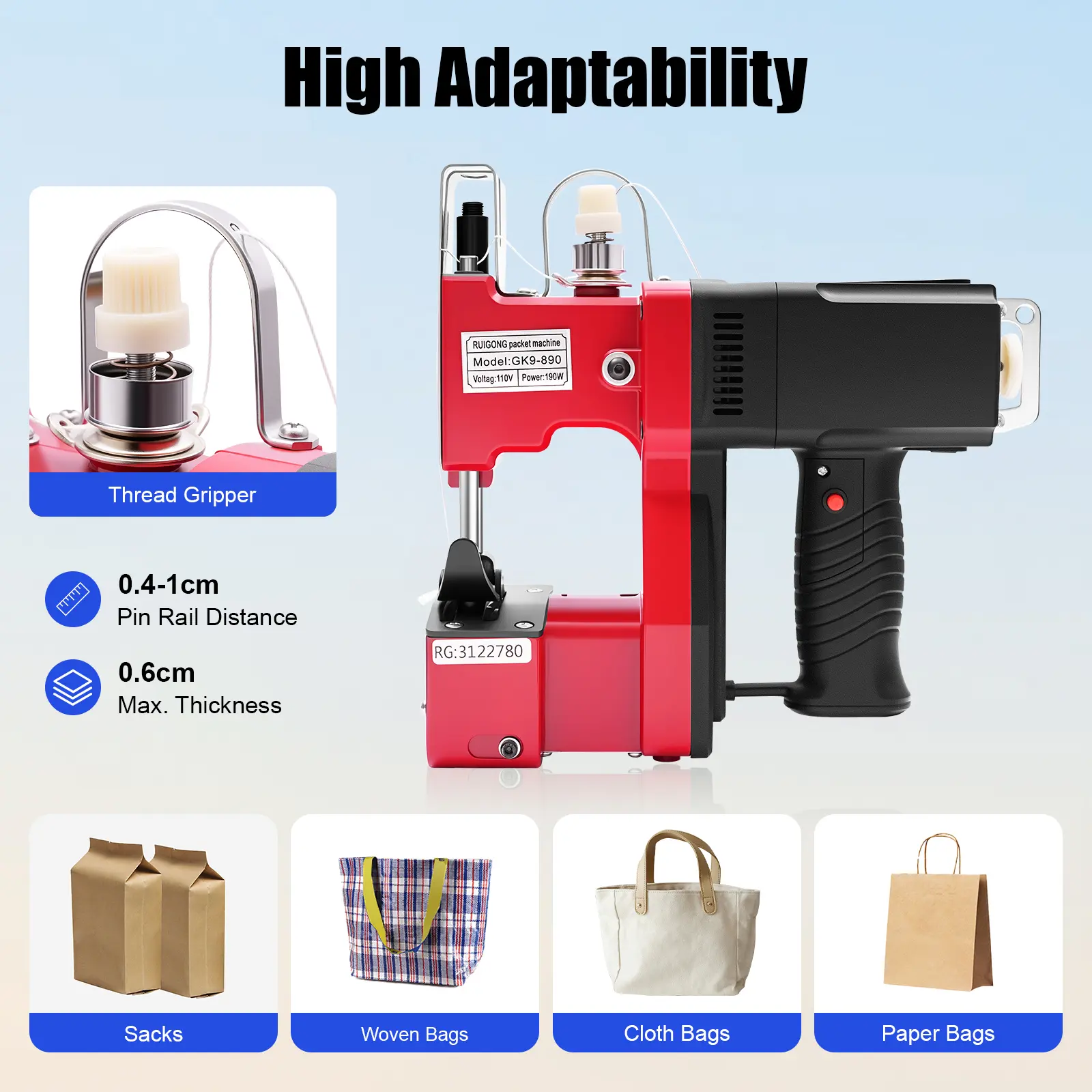 Red Aluminum Alloy Bag Sewing Machine - 110V, 190W, 1800rpm Load Speed, Max 6mm Thickness, 0.15-0.39in Pin Rail Distance, 1*Power Cord, 1*Sewing Machine, 2.9kg, 25*25*8cm, All Accessories for Use - For Express Logistics, Large Factory Warehouses