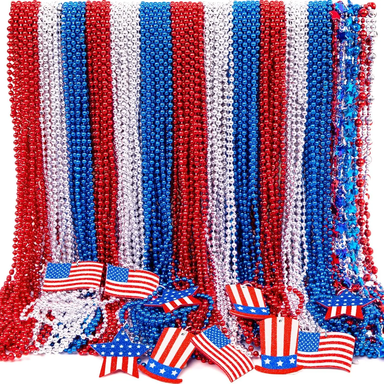 100 count 4th of July Accessories Necklaces: Blue White and Red Beads Bulk, Patriotic Party Independence Memorial Day Favors Toys Decorations
