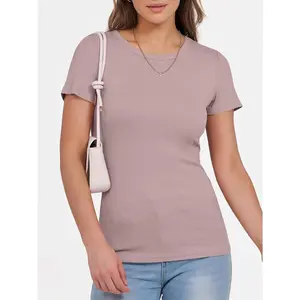 Women Short Sleeve Crewneck Ribbed Knit Slim Fitted Shirts Summer Tops Basic Tee Casual 2026 Spring Outfits Clothes