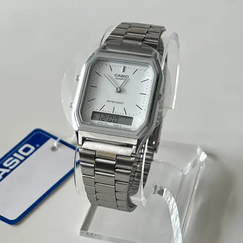 Casio Unisex Vintage Analog-Digital Watch AQ230A Classic Design White Stainless Steel Bracelet