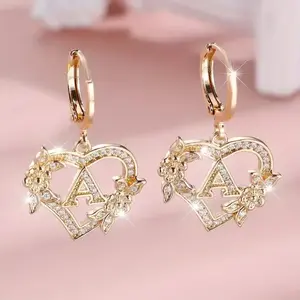 Cubic zirconia heart drop earrings with letter engraving (A–Z), synthetic dangle earrings, copper ear post, no plating, floral design, for women over 15 years old, college theme
