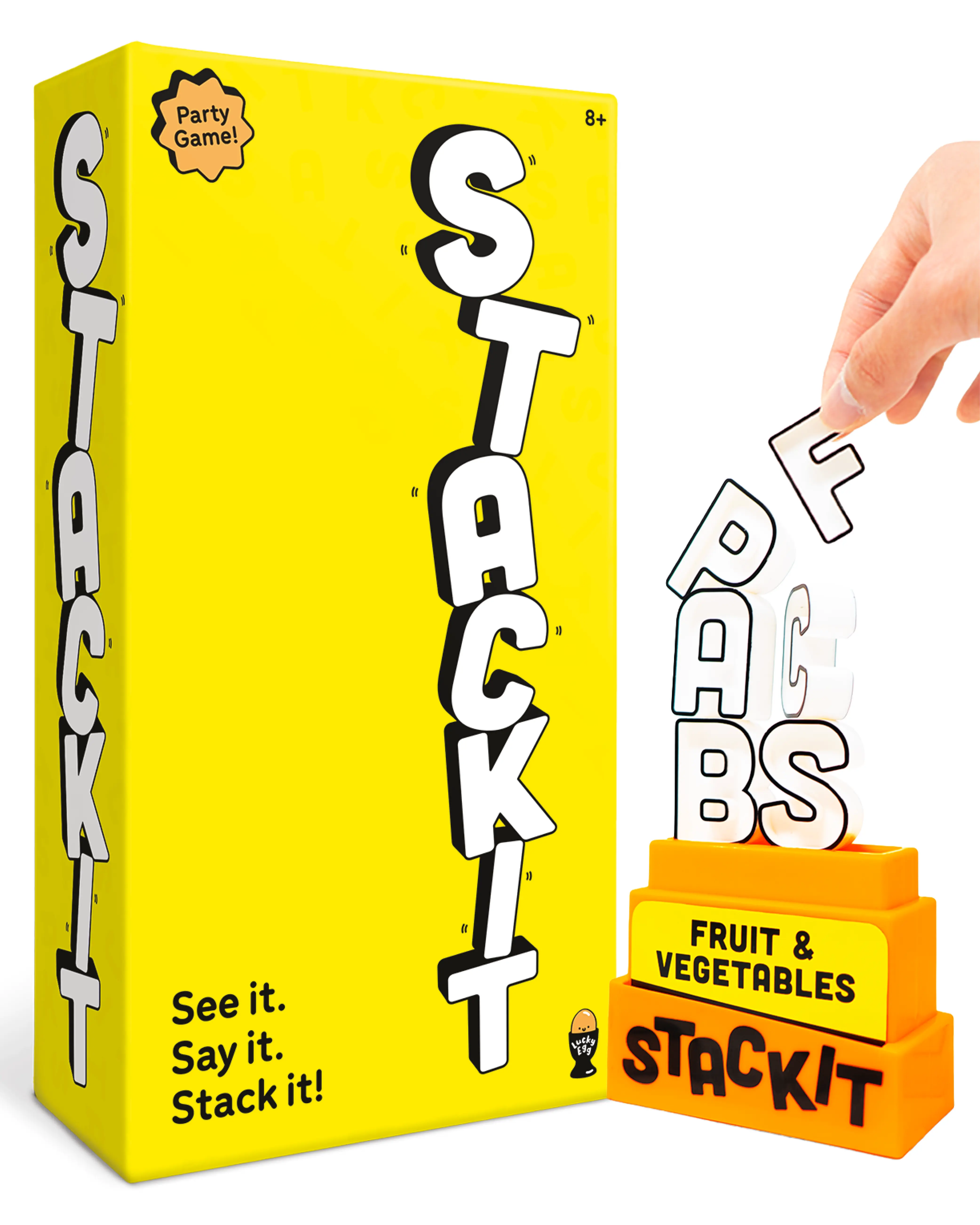 Lucky Egg Stack It – Hilarious Stacking Family Games for Kids and Adults | 160 Categories, 20 Letters, Timer & Base | Fun Party Games and Board Games for Family Night for Ages 8+ | 2-8 Players