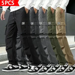 Men’s 5-pack wide-leg cargo pants featuring multiple pockets and an elastic waistband; casual streetwear style with a loose fit and drawstring design—ideal for outdoor activities, urban fashion, everyday casual wear, and weekend outings.