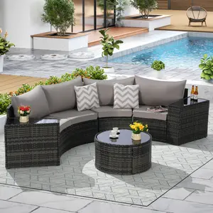 7 Pieces Outdoor Patio Conversation Furniture Sets All Weather Wicker PE Rattan Half-Moon Curved Sectional Sofa with Round Coffee Table, 4 Pillows & Waterproof Cover for Backyard, Poolside