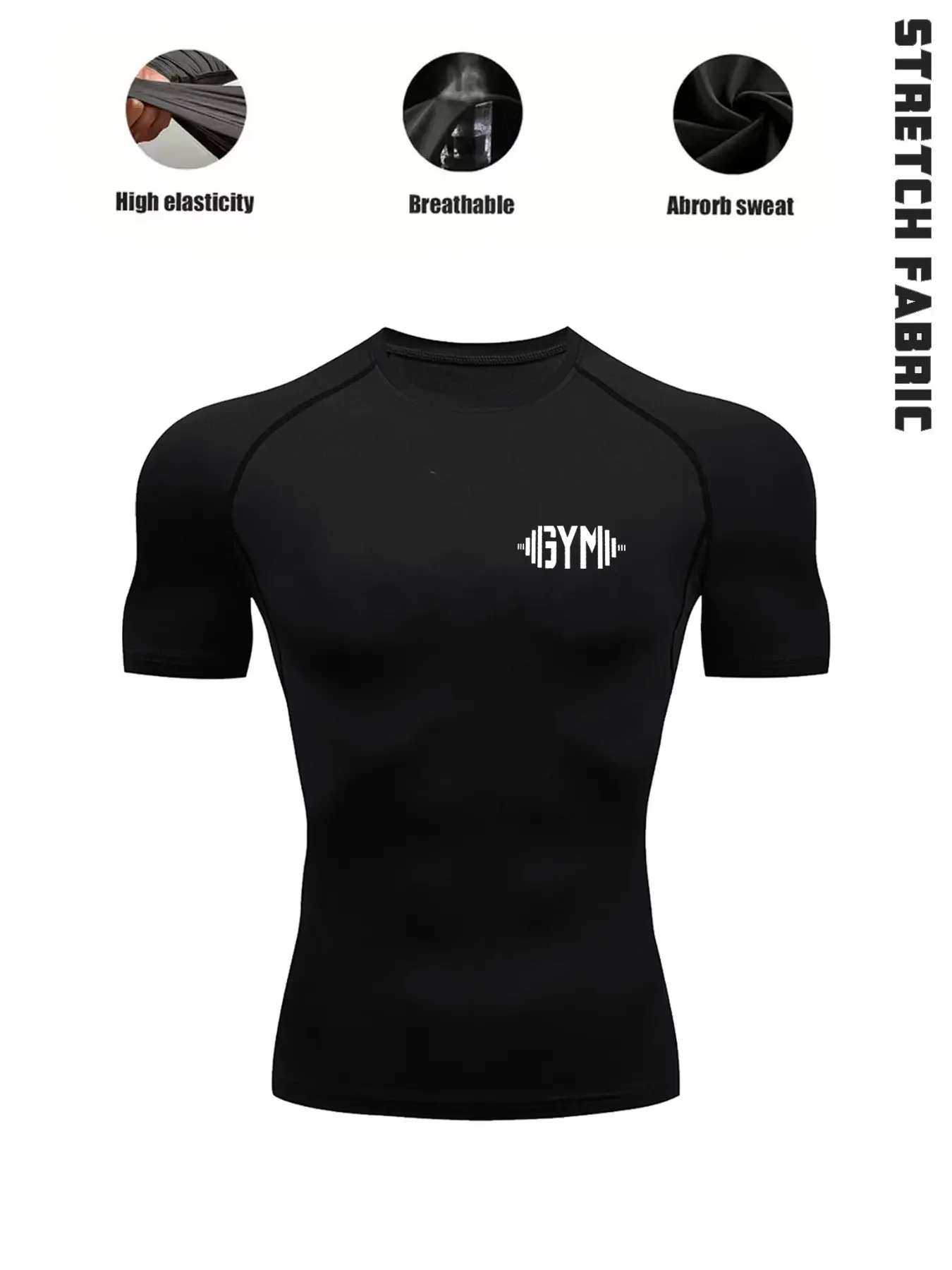 1-Pack Men’s Quick Dry Compression T-Shirt with “GYM” Graphic, High Stretch Breathable Moisture Wicking Performance Base Layer Top for Gym Workouts, Fitness Training, Running, Outdoor Exercise & Daily Active Wear