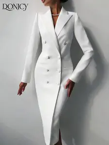 Women's Elegant Double-Breasted Blazer, Pure Color Long Coat for Spring & Autumn, Fashionable Casual Outerwear with Buttons