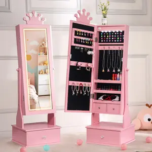 Garvee Princess Jewelry Armoire with Lighted Mirror, 46 Inch Standing Organizer Cabinet with Multiple Drawers, Large Storage Solution for Jewelry and Accessories