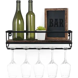 Wall Mounted Wine Rack - Bottle & Glass Holder Wood Rustic Floating Racks with Stemware Hanger Modern Plants Photos Wine Bottles Display Wall Storage Shelf for Kitchen Dining Room Home Bar