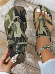 Boho Camo Camouflage Open Toe Sandals for Women, Camo Pattern Casual Comfortable Non-Slip Beach Slippers, Summer Flat Shoes, Ladies Fashion Footwear Design