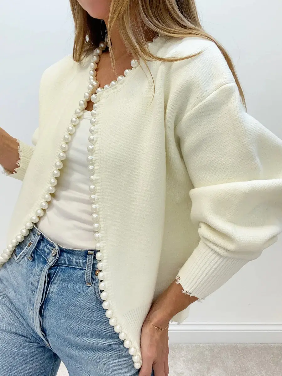 Women's Knitwear Tops, Pearl Trim Ripped Hem Cardigan