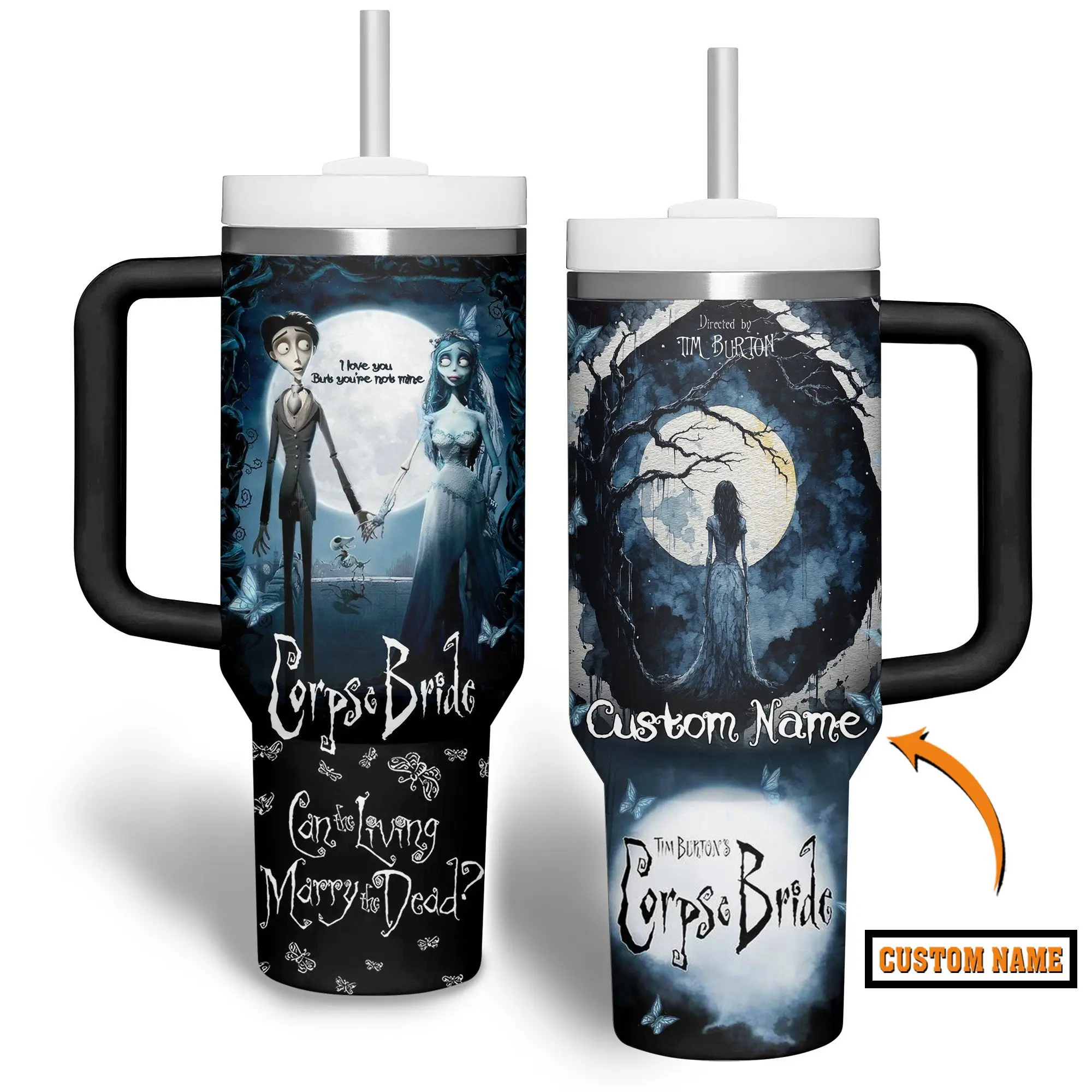 Personalized Corpse Bride 40oz Tumbler with Handle, Custom Name Gothic Halloween Travel Mug, Cartoon Inspired Stainless Steel Coffee Cup, Double Wall Insulated Drinkware, Spooky Wedding Gift, Gothic Movie Fan Tumbler