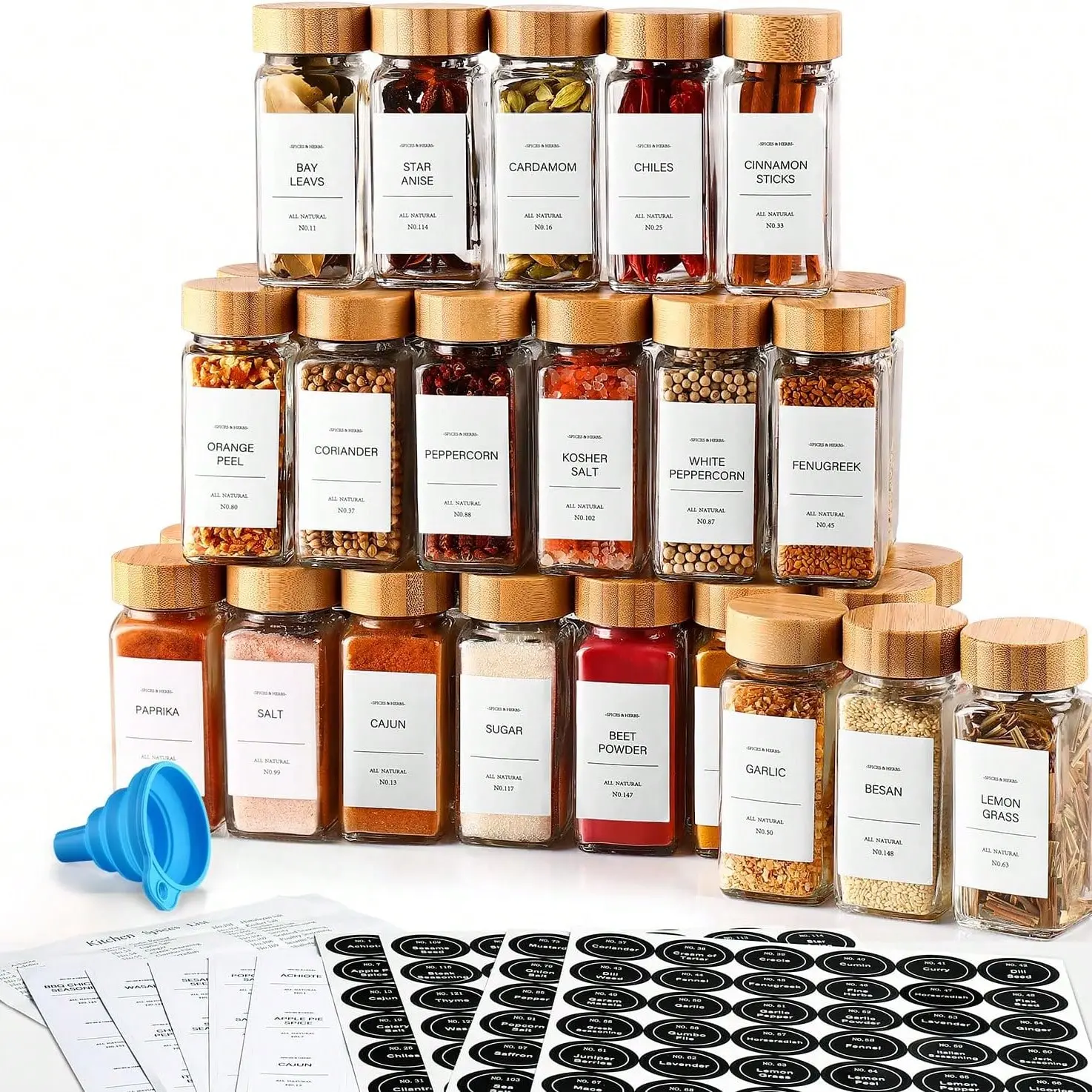 12 Pcs Glass Spice Jars Set - Dinnerware Sets with Airtight Sealing, Bamboo Lids, Shaker Lids, Silicone Funnel, and Label for Easy Refilling and Organization