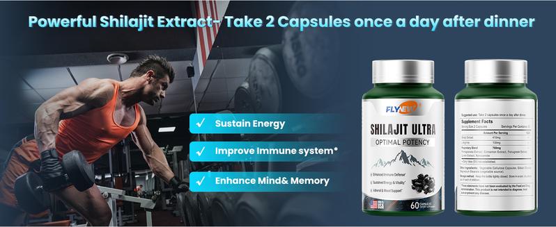 FLYNEW Optimal Potency | Shilajit Ultra | Adaptogen Energy Stamina Immune Antioxidants | Made in USA | 60 Capsules | gym edible dietary muscle repair