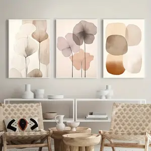 3 Pieces Minimalist Floral Geometric Abstract Beige Art, Modern Home Wall Mural, Simple Line Home Art, Contemporary Gallery Decor, Neutral Tone Painting, Wall Decor for Bedroom and Living Room, Framed or Unframed Options Available.