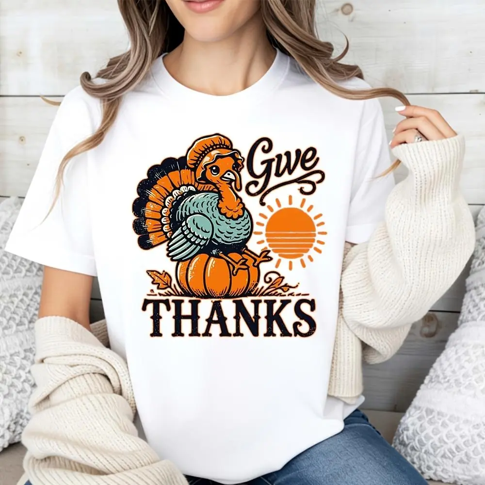 Casual Vintage Style, Women's T-Shirt, Give Thanks Turkey And Pumpkin Graphic, Autumn Thanksgiving Season, Gift For Mom Or Friend