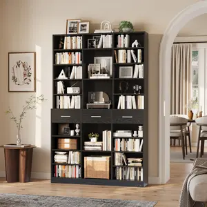 75" Tall Bookshelf with Storage Drawers, 47" Wide Modern 9-Tier Bookcase with Adjustable Shelves, Large Wooden Display Cabinet for Living Room, Home Office