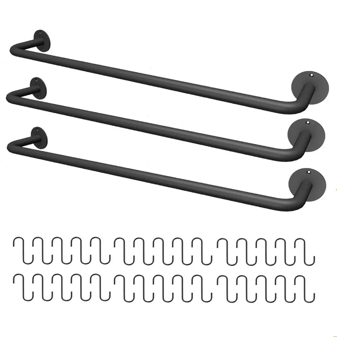 3pcs Black Hangable Metal Mug Hangers Set, Wall-Mounted Coffee Cup Rack with 30 S Hooks, Rustic Room Decor Storage Organizer for Kitchen & Coffee Bar (Includes Panels, Anchors, Pegboard Compatibility)