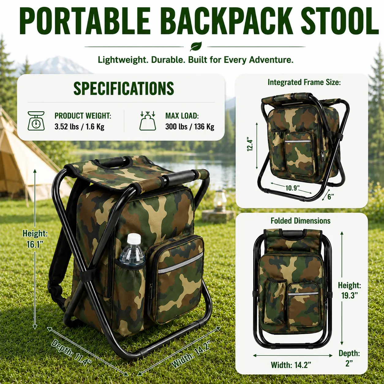 Folding Fishing Stool Backpack, 3-in-1 Portable Camo Oxford Chair with Insulated Cooler Bag for Camping & Hiking, Supports 300 lbs