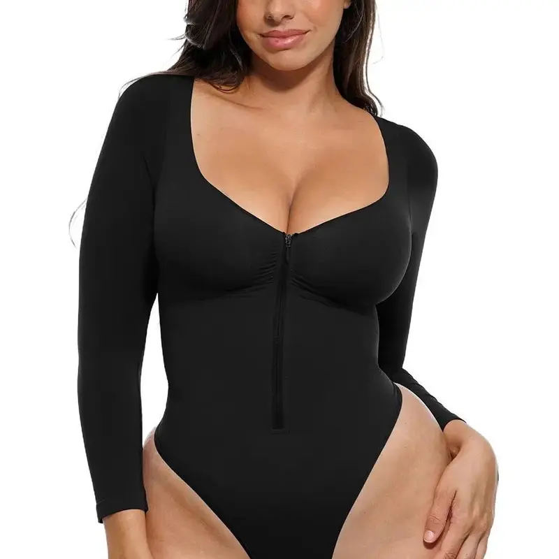 Shapellx Seamless SummerVibes Full-Body Zipper Shaper Bodysuit | Fitted Long Sleeve Shapewear with Bust Support & Thong Bottom for Women