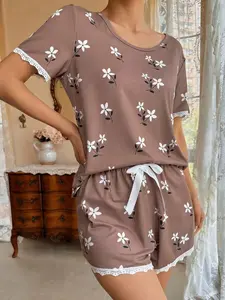 MONASWEET Floral Print Lace Trim PJ Set / Pajama Set