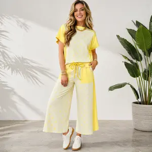 Women's Cute 2-Piece Matching Color Block Patchwork Polka Dot Wide Leg Pants & Top Set, Women's Clothes with Comfy Pockets