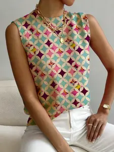 Ladies Color Block Geometric Pattern Mock Neck Sleeveless Fitted Sweater, Cozy Knitted Top for Autumn & Winter, Versatile Casual Everyday Wear
