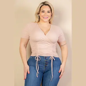 Plus Size Ribbed Ruched Drawstring Surplice Top