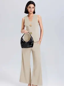 Women's 2-Piece Classy Lady Minimalist Sleeveless V-Neck Vest & Wide Leg Pants Set, Fitted Solid Basic Fabric Casual Summer Outfits, Modest Women's Clothes S-XL,summervibes