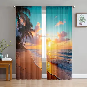 2D Flat 2Pcs tropical beach sunset printed living room curtains, pole hung semi blackout sheer, transparent window drapes, bedroom,, home decorative curtains.