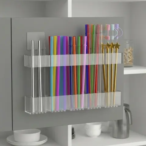 9.5-inch BPA-Free Acrylic Straw Holder with 5 Vertical Compartments - Adjustable Adhesive Hooks Racks & Displays, Large Capacity Cupboard Organizer for Countertops, Utensils (Fits 200+ Straws, Smooth Silicone)