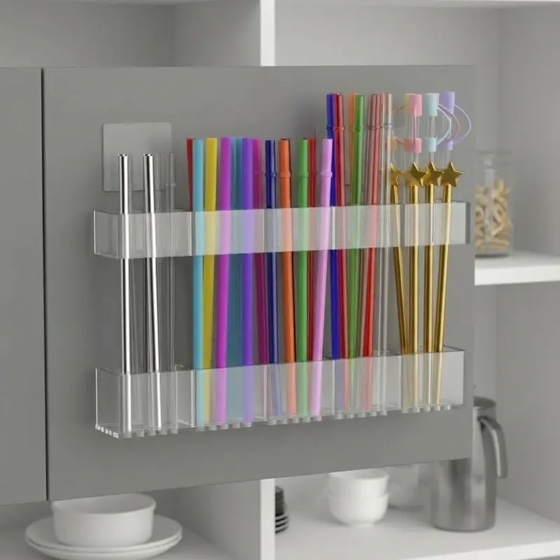9.5-inch BPA-Free Acrylic Straw Holder with 5 Vertical Compartments - Adjustable Adhesive Hooks Racks & Displays, Large Capacity Cupboard Organizer for Countertops, Utensils (Fits 200+ Straws, Smooth Silicone)