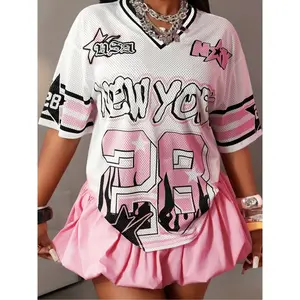 Women's breathable mesh sports top with star print design, ideal for daily wear and street style, perfect for music festivals, mesh tennis topRAIMENTRY