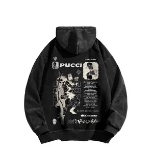 Men's JoJo's Bizarre Adventure: Stone Ocean Enrico Pucci Graphic Long Sleeve Hoodie, USA-Made Washed American-Style Premium 100% Cotton Fabric Sweatshirt, Relaxed Fit Tops