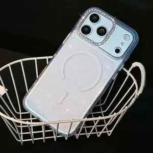 HAY Luxury Clear Bling Glitter MagSafe Wireless Charge Phone Case For iPhone 17 16 15 14 13 Pro Max Air Diamond Camera Frame Hard Cove Funda Link No.76