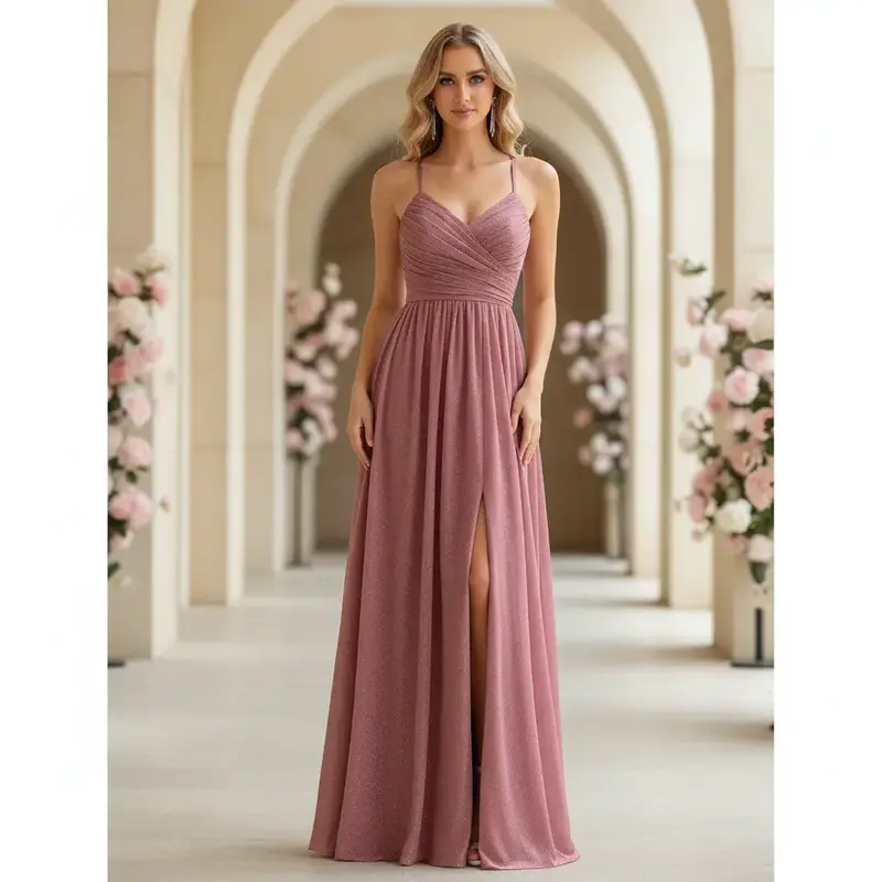 pink sparkly bridesmaid dresses Sequin Rose Gold Bridesmaid Dress: Chiffon A-line Wedding Guest Gown
