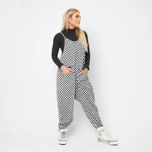 Women's Tank Romper - Black & White Mini Check