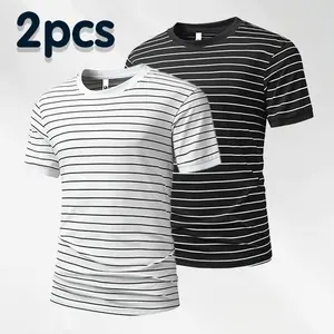 Men’s Classic Striped Crew Neck Short Sleeve T-Shirt Black & White Contrast Color Casual Undershirt Two-Piece Set