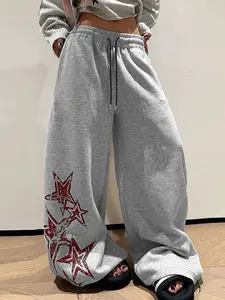 Women's Gray Regular Fit Long Pants with Red Star Detail and Adjustable Drawstring Waist, Soft Bottom, for Casual Street Style and Home Wear, Casual Comfy Trousers, Casual Outdoor Trouser