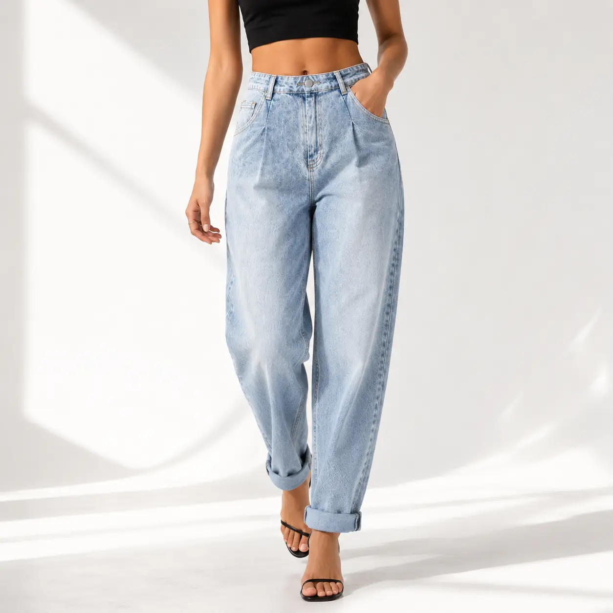 High Waisted Barrel Jeans | Pleated Light Wash Boyfriend Denim Pants for Streetwear OOTD
