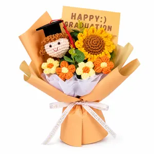 Handmade Crochet Sunflower Bouquet with Graduate Figures, Graduation Gift for Class of 2026, College and High School Grads