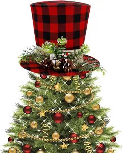 Christmas Plaid Top Hat Tree Topper with Pine Cones, Berries, and Bells for Holiday Decorations Gift Metal