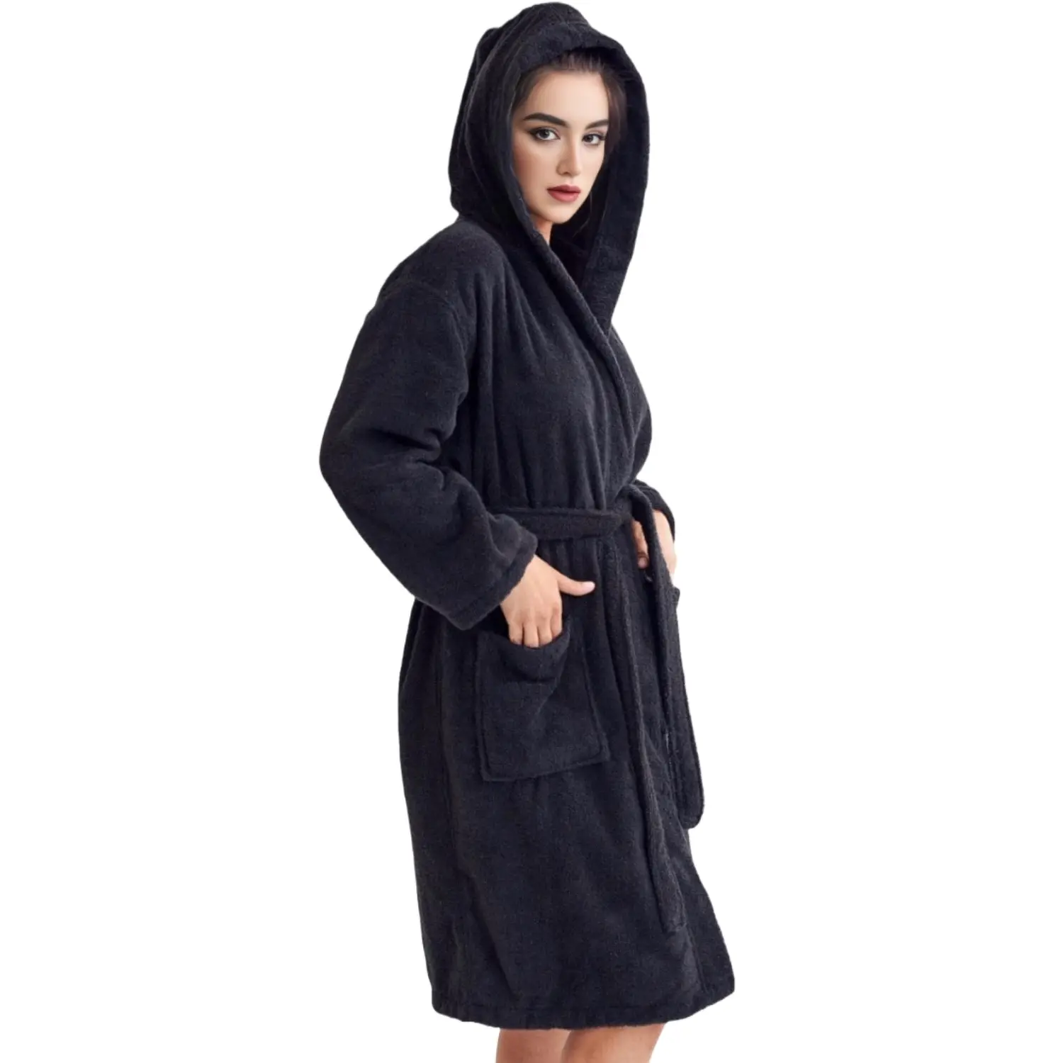 TowelSoft Women's Terry Black Bathrobe, Hooded | Soft, Comfy, and Absorbent | for After the Shower or Spa (S/M - L/One Size - XXL)