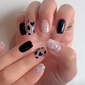 Heart Pattern Fake Nail with Nail File & Tape, 24pcs Short Square Press on Nails for Women & Girls DIY Nail Art, Elegant Stick on Nails Kit, Nail Art Design