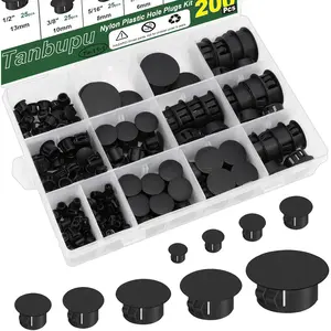 200Pcs 9 Sizes Nylon Plastic Hole Plugs 1/5" 1/4" 5/16" 3/8" 1/2" 5/8" 3/4" 7/8" 1"Round Hole, Flush Type Panel Knockout Locking Plugs,Screw Covers for Furniture Cabinet Insert End Caps(black)