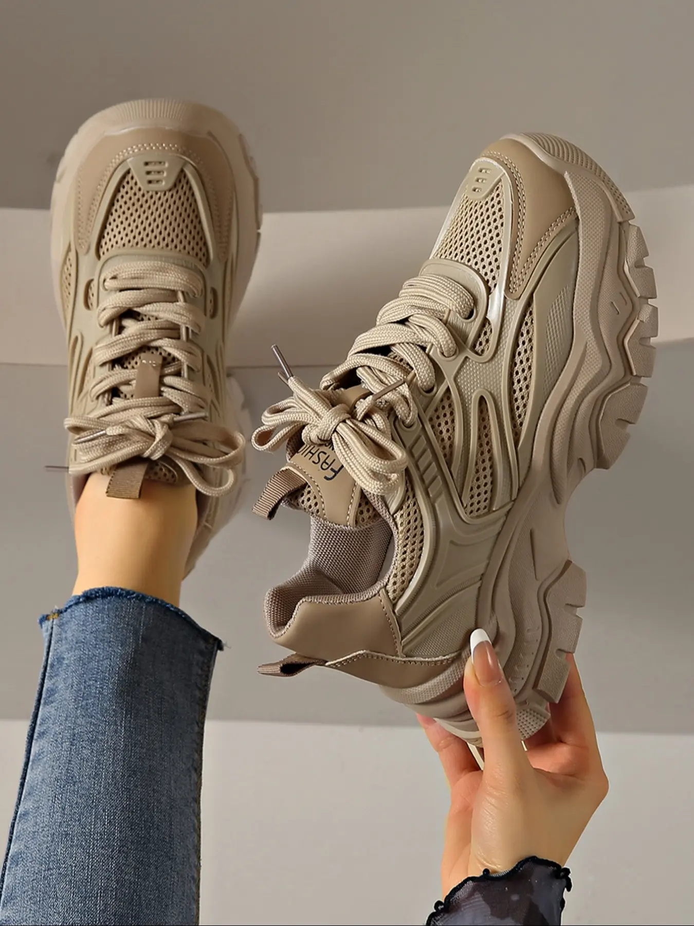 Thick Sole Casual Shoes, Flat Mesh Sneakers, All Seasons Round Toe Lace-Up Dad Shoes, Sizes 36-41 Available, Casual Breathable Shoes, Casual Trendy Trainers