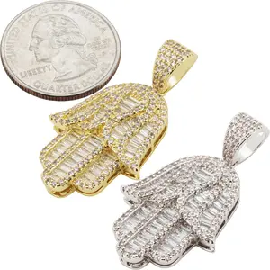 14k Yellow/White Gold Plated AAA Cubic Zirconia Hamsa Hand Pendant