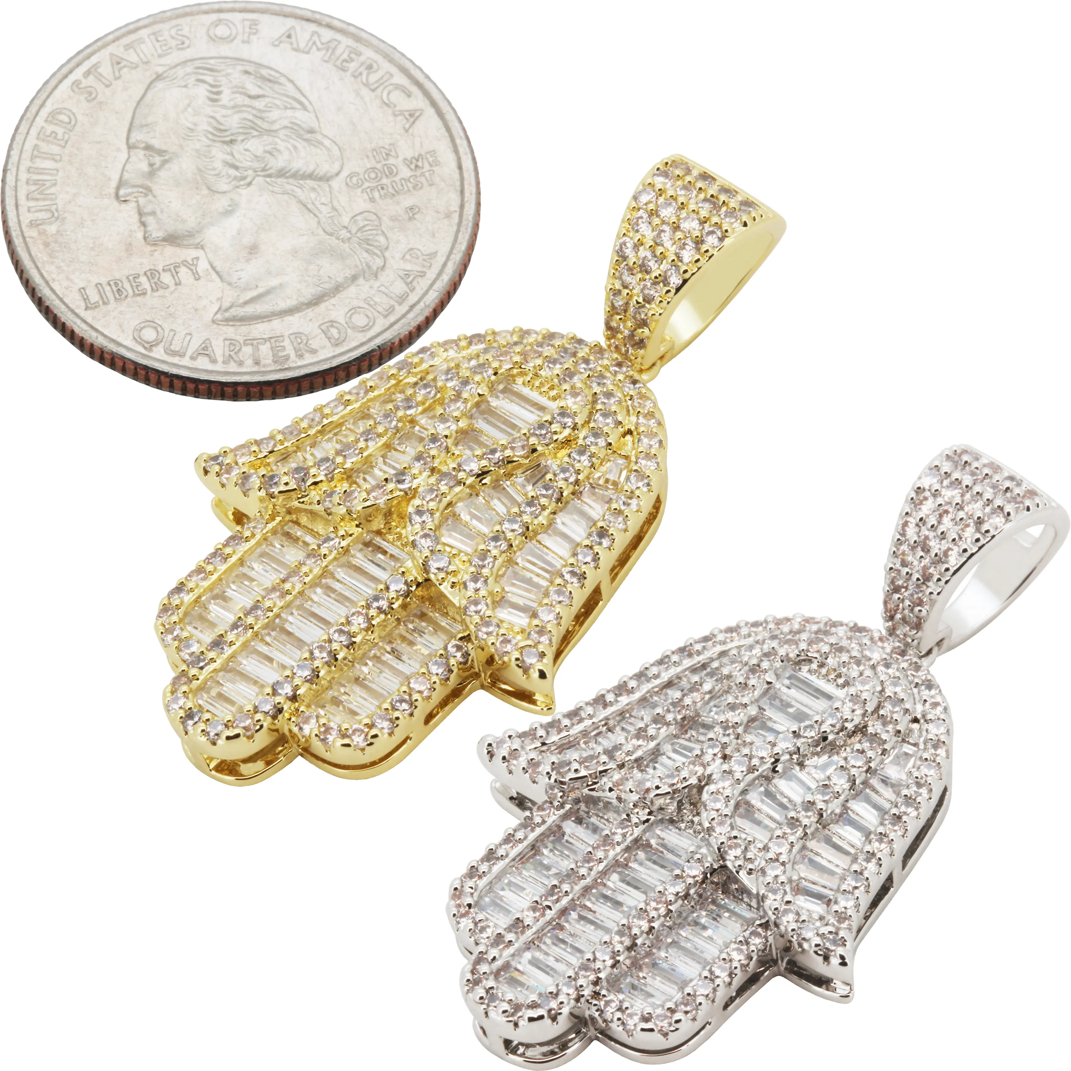 14k Yellow/White Gold Plated AAA Cubic Zirconia Hamsa Hand Pendant